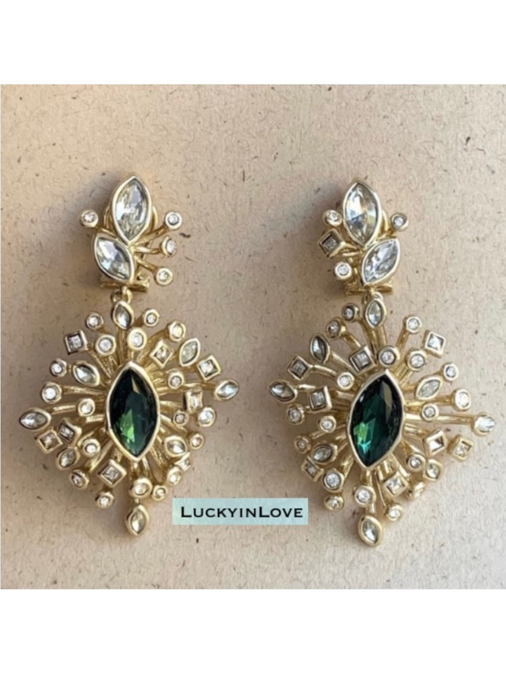 ALEXIS BITTAR • Gold Green Navette Crystal Burst Post Hinged Chandelier Earrings